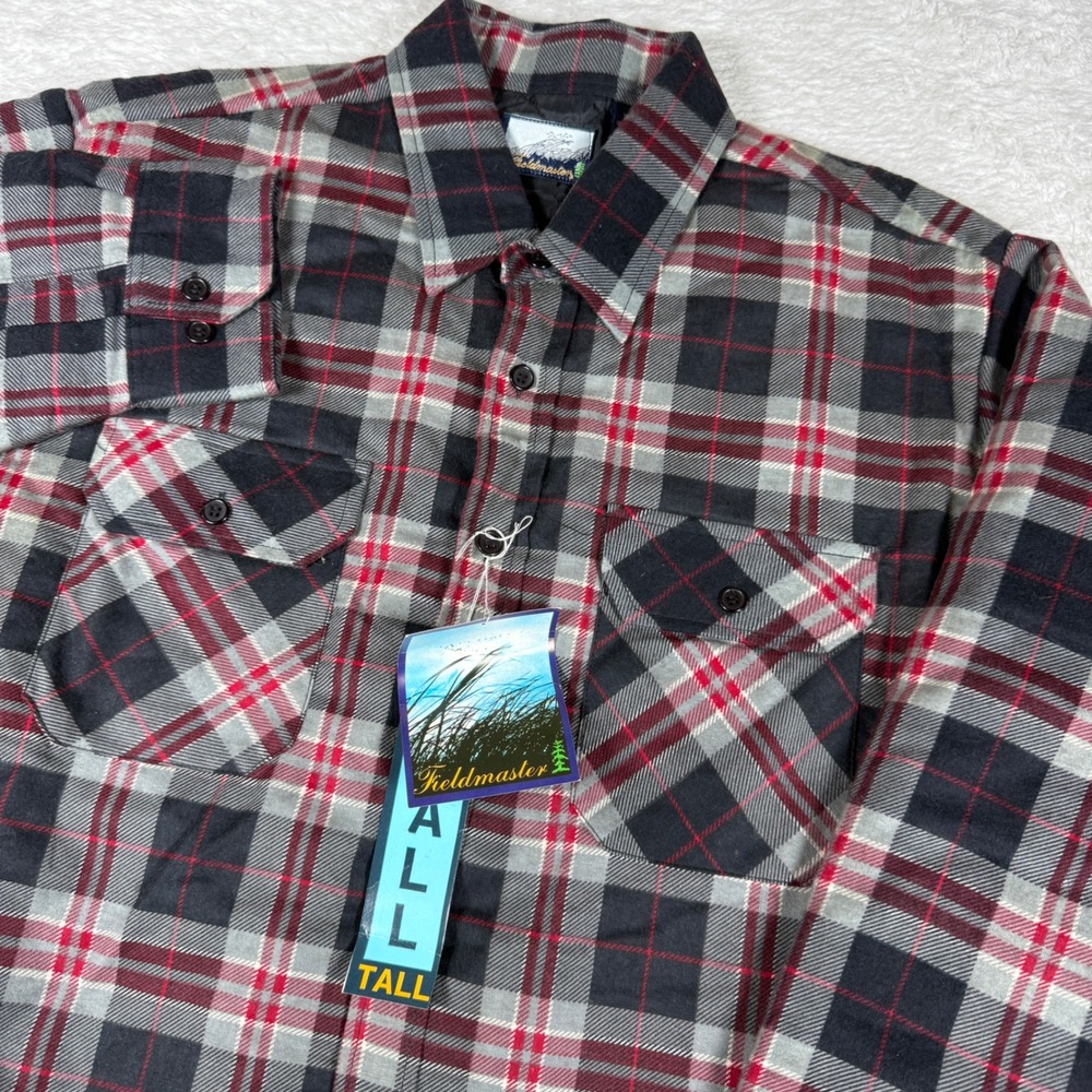 NEW Fieldmaster Quilt-Lined Flannel Mens XL Tall Red Grey Nylon Button Up 57162